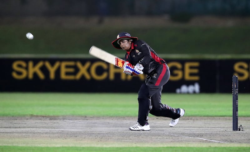 UAE all-rounder Chamani Seneviratna plays a shot during the T20 international against Hong Kong Malek Cricket Ground in Ajman. All photos Pawan Singh / The National