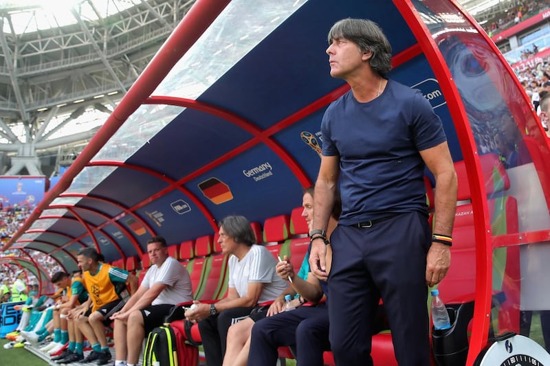 KAZAN, RUSSIA - JUNE 27:  Joachim Loew, head coach of Germany looks on during the 2018 FIFA World Cup Russia group F match between Korea Republic and Germany at Kazan Arena on June 27, 2018 in Kazan, Russia.  (Photo by Alexander Hassenstein/Getty Images, )