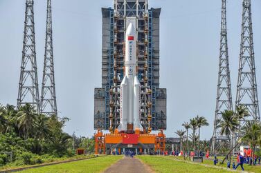 The Long March 5B rocket which is expected to carry the core module of the Tianhe space station into orbit. AFP