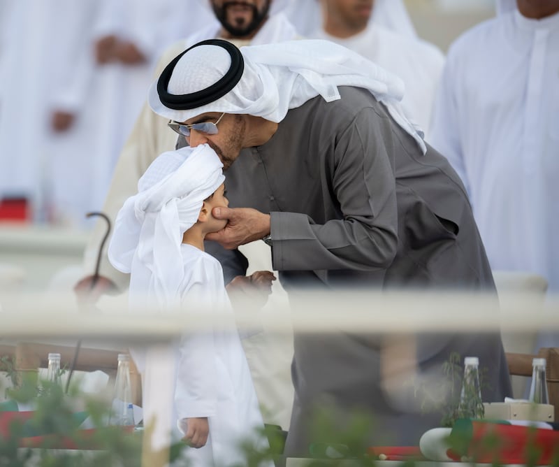 Sheikh Mohamed greets Sheikh Zayed bin Theyab.
Rashed Al Mansoori /  Presidential Court 