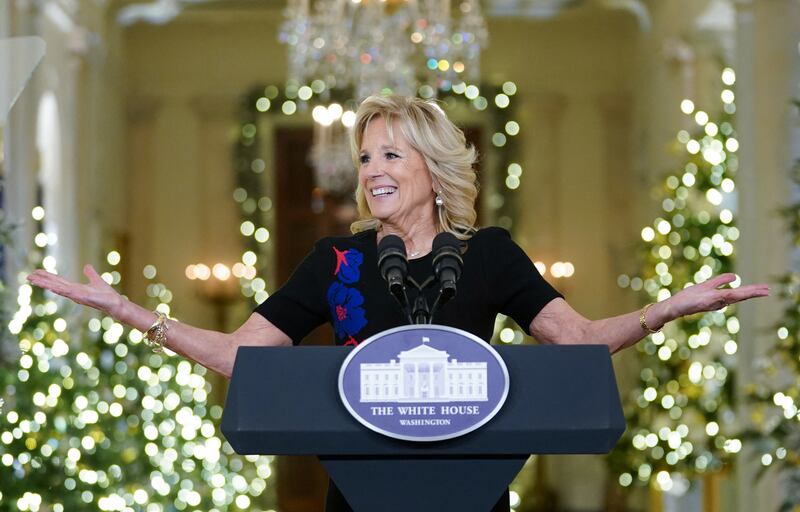 Ms Biden thanks volunteers from across the country who helped decorate the White House for the holidays. Reuters