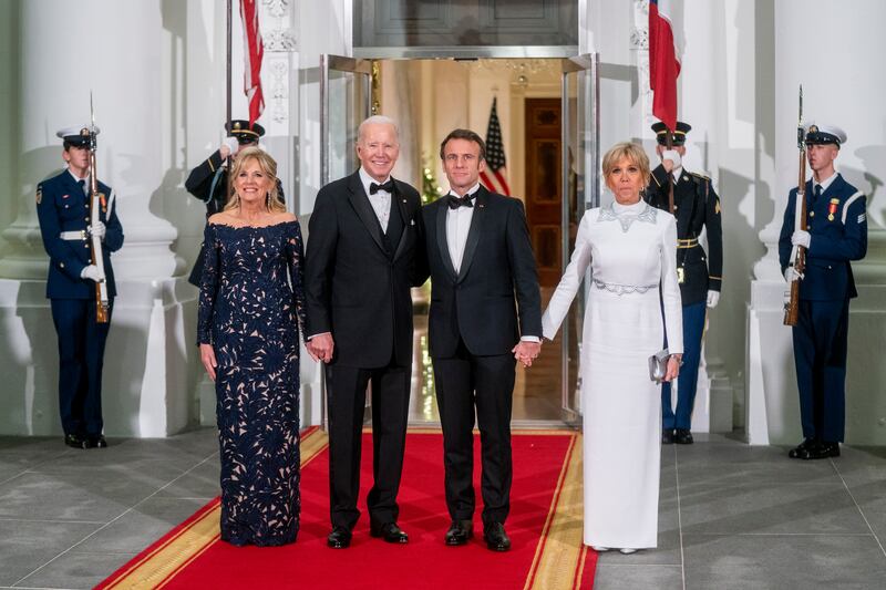 US President Joe Biden and First Lady Jill Biden greet French President Emmanuel Macron and his wife Brigitte Macron. EPA