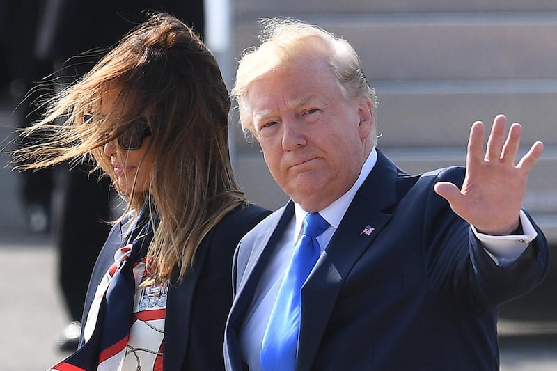US President Donald Trump and First Lady Melania Trump arrive at Stansted Airport in London, England. Getty Images