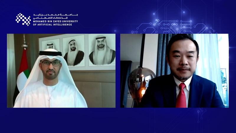 Dr Sultan Al Jaber and Prof Eric Xing welcome students during an online event on Tuesday. Courtesy MBZUAI
