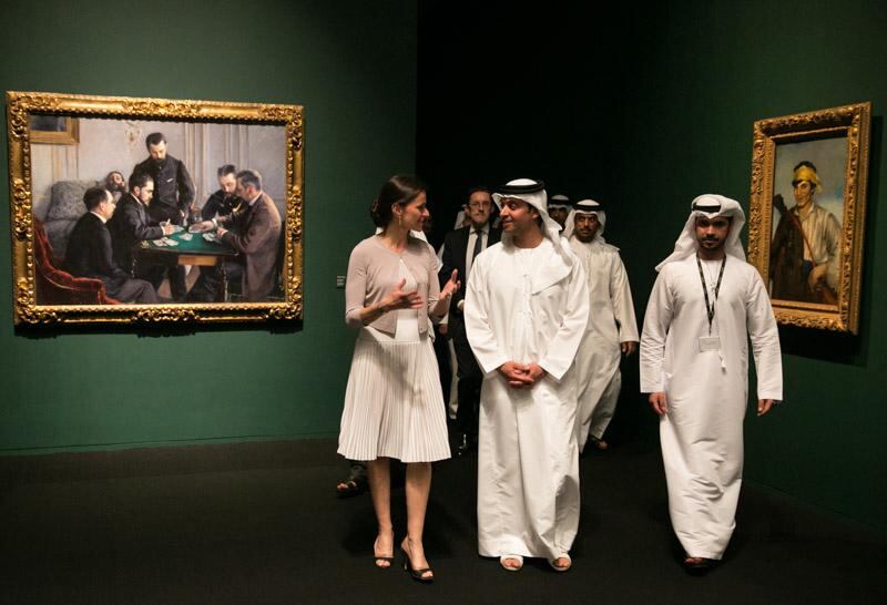Sheikh Hazza bin Zayed with the French culture minister Aurelie Filippetti at the original Birth of a Museum exhibition. Courtesy TCA Abu Dhabi