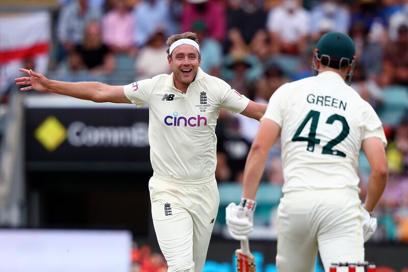 England bowler Stuart Broad celebrates taking Australia's Cameron Green's wicket for 23. AP