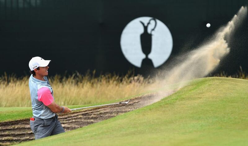 Rory McIlroy plays from a bunker on the seventh hole during the final round of The 143rd Open Championship on Sunday at Royal Liverpool. Stuart Franklin / Getty Images