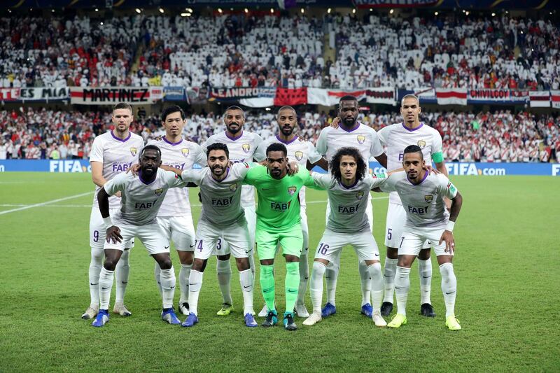Al Ain, United Arab Emirates - December 18, 2018: Al Ain team before the game between River Plate and Al Ain in the Fifa Club World Cup. Tuesday the 18th of December 2018 at the Hazza Bin Zayed Stadium, Al Ain. Chris Whiteoak / The National