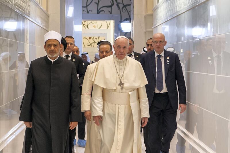 ABU DHABI, UNITED ARAB EMIRATES - February 4, 2019: Day two of the UAE papal visit - His Holiness Pope Francis, Head of the Catholic Church (2nd L) and His Eminence Dr Ahmad Al Tayyeb, Grand Imam of the Al Azhar Al Sharif (L), tour the Sheikh Zayed Grand Mosque.

( Saeed Al Neyadi / Ministry of Presidential Affairs )
---