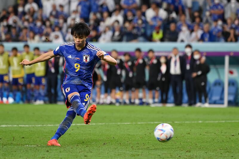 Japan's Kaoru Mitoma misses in the penalty shoot-out. Getty