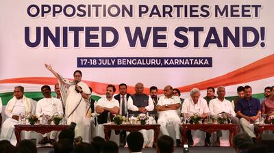 West Bengal Chief Minister Mamata Banerjee, senior Indian National Congress leader Rahul Gandhi, Congress president Mallikarjun Kharge, among others, attend an INDIA meeting in Bengaluru in July. EPA