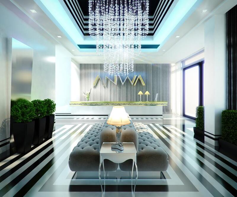 An rendition of the lobby area at the Dh600 million Anwa tower, which will have 225 apartments. Courtesy Omniyat