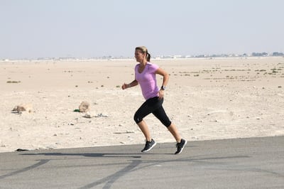 Abu Dhabi, UAE - November 11, 2017 - Toni Metcalfe, the first female to cross all seven Emirates in 7 days, running a total of 497 km. - Navin Khianey for The National
