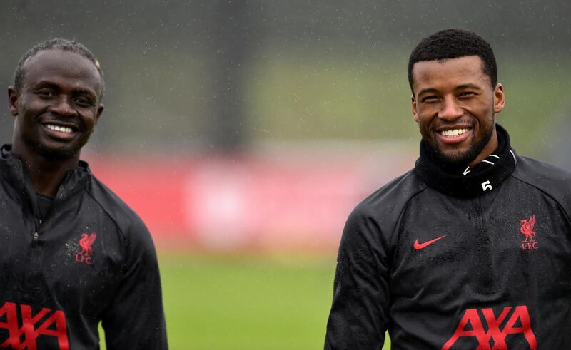 KIRKBY, ENGLAND - JANUARY 13: (THE SUN OUT, THE SUN ON SUNDAY OUT) Georginio Wijnaldum and Sadio Mane of Liverpool during a training session at AXA Training Centre on January 13, 2021 in Kirkby, England. (Photo by Andrew Powell/Liverpool FC via Getty Images)