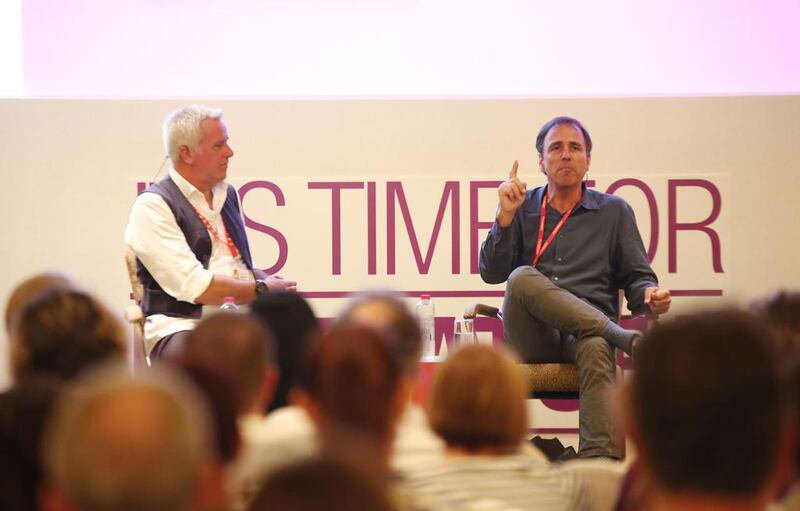 Anthony Horowitz, right, talks about his 2015 James Bond novel, Trigger Mortis. Courtesy Emirates Airline Festival of Literature