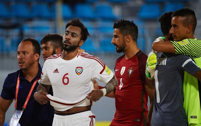 The UAE, in white, have been eliminated from the Beach Soccer World Cup after extra-time defeat to Portugal. Courtesy Lea Weil