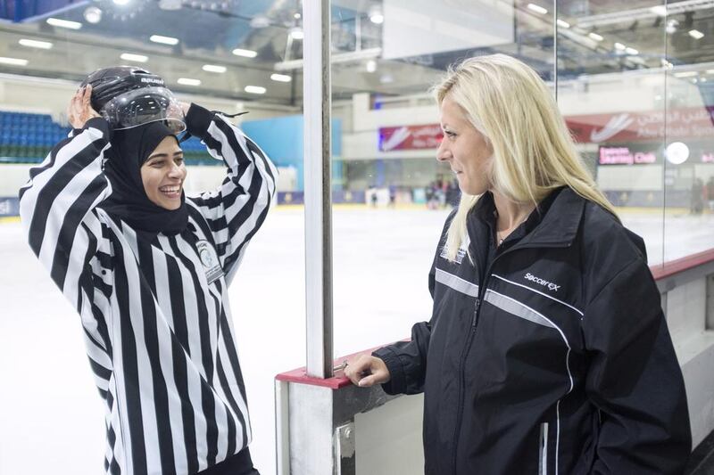 Joy Johnston, right, Emirates Hockey League (EHL) chief of games official, with Fatima Al Ali, Referee in the EHL. Reem Mohammed / The National