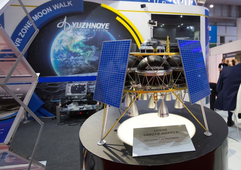 Dubai, United Arab Emirates- The Spacebit lander and hopper at Yuzhnoye stand at the Dubai Airshow 2019 day 2 at Maktoum Airport.  Leslie Pableo for the National