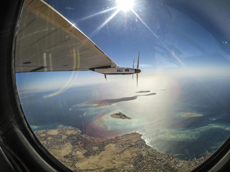 'Solar Impulse 2' flying over the Red Sea. The aircraft could reach an altitude of 12,000 metres and had a cruising speed of 90 kilometres an hour.