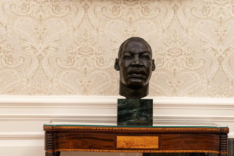 A bust of civil rights leader Rev. Martin Luther King Jr. is seen at the newly decorated Oval Office of the White House. AP Photo
