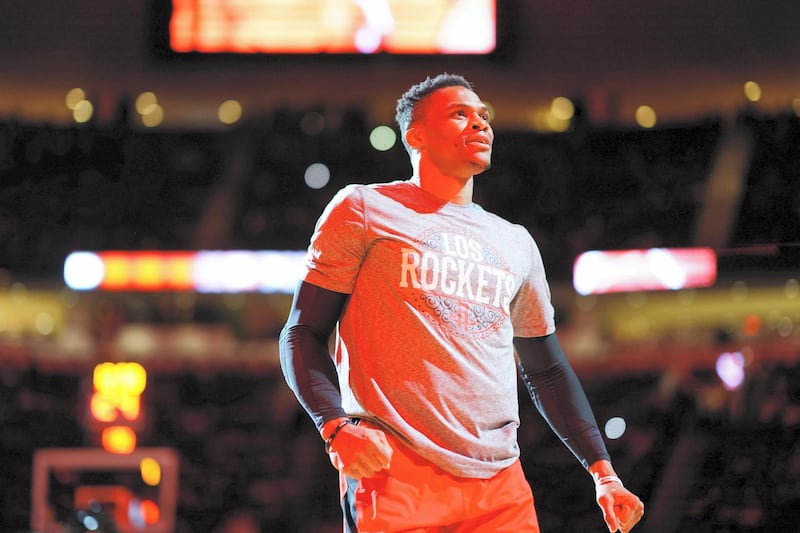 HOUSTON, TX - MARCH 5: Russell Westbrook #0 of the Houston Rockets gets introduced before the game on March 5, 2020 at the Toyota Center in Houston, Texas. NOTE TO USER: User expressly acknowledges and agrees that, by downloading and or using this photograph, User is consenting to the terms and conditions of the Getty Images License Agreement. Mandatory Copyright Notice: Copyright 2020 NBAE   Cato Cataldo/NBAE via Getty Images/AFP
