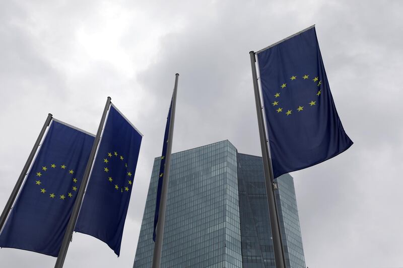 Flags of the European Union (EU) fly outside the European Central Bank (ECB) headquarters ahead of the bank's rate announcement in Frankfurt, Germany, on Thursday, July 16, 2020. European Central Bank officials will meet Thursday aware that while they’ve probably done enough to fight the coronavirus crisis for now, they face an uneasy summer.  Photographer: Alex Kraus/Bloomberg