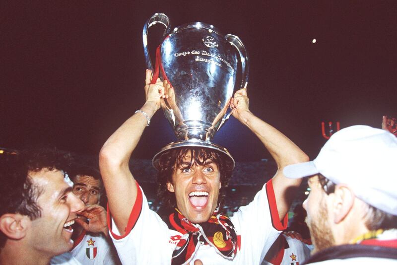 Paolo Maldini lifts the Champions League trophy in 1994, after Milan had destroyed Barcelona 4-0 in Athens
