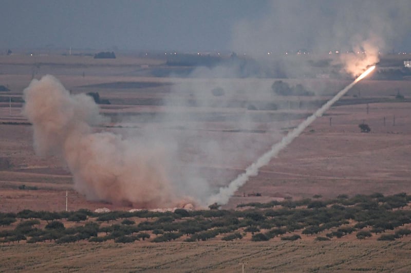 This picture taken shows a missile fired by Turkish forces towards the Syrian town of Ras al-Ain, from the Turkish side of the border at Ceylanpinar district in Sanliurfa on the first week of Turkey's military operation against Kurdish forces. The United States is not aware of any "major" escape of Islamic State extremists since Turkey launched its assault on Syrian Kurdish fighters holding the prisoners, an official said Tuesday. AFP