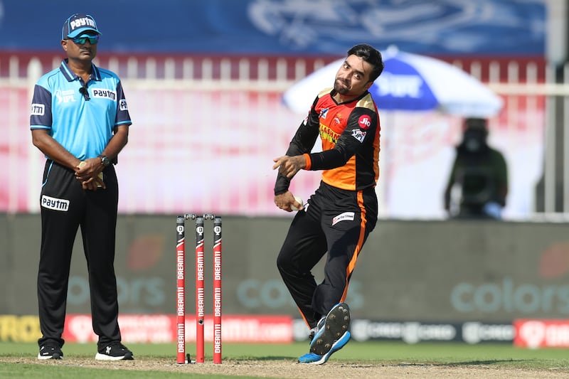 Rashid Khan of Sunrisers Hyderabad bowls during match 17 of season 13 of the Dream 11 Indian Premier League (IPL) between the Mumbai Indians and the Sunrisers Hyderabad held at the Sharjah Cricket Stadium, Sharjah in the United Arab Emirates on the 4th October 2020.
Photo by: Deepak Malik  / Sportzpics for BCCI