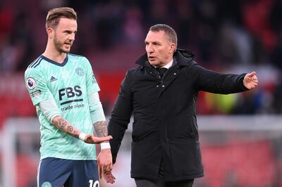 Leicester's James Maddison and manager  Brendan Rogers after the game. Getty
