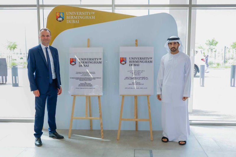 Sheikh Hamdan bin Mohammed, Crown Prince of Dubai, attends the launch of the University of Birmingham Dubai's new campus.  @HamdanMohammed / Twitter