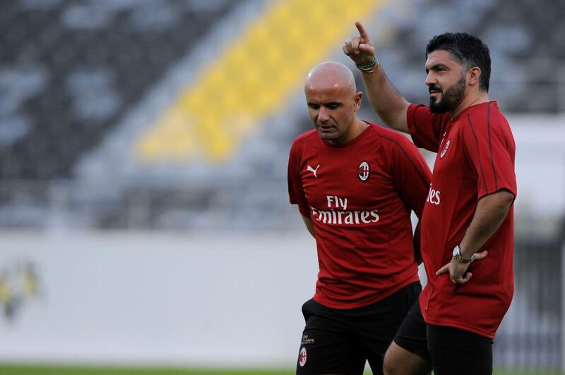 AC Milan head coach Gennaro Gattuso gestures during the training session.