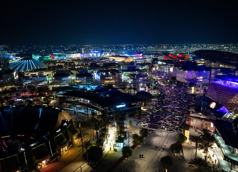 A night view of the Expo 2020 Dubai site from the Garden in the Sky. Victor Besa / The National.