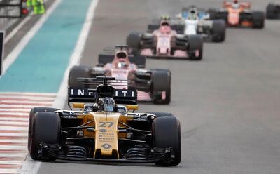 Renault driver Nico Hulkenberg of Germany steers his car during the Emirates Formula One Grand Prix at the Yas Marina racetrack in Abu Dhabi, United Arab Emirates, Sunday, Nov. 26, 2017. (AP Photo/Luca Bruno)