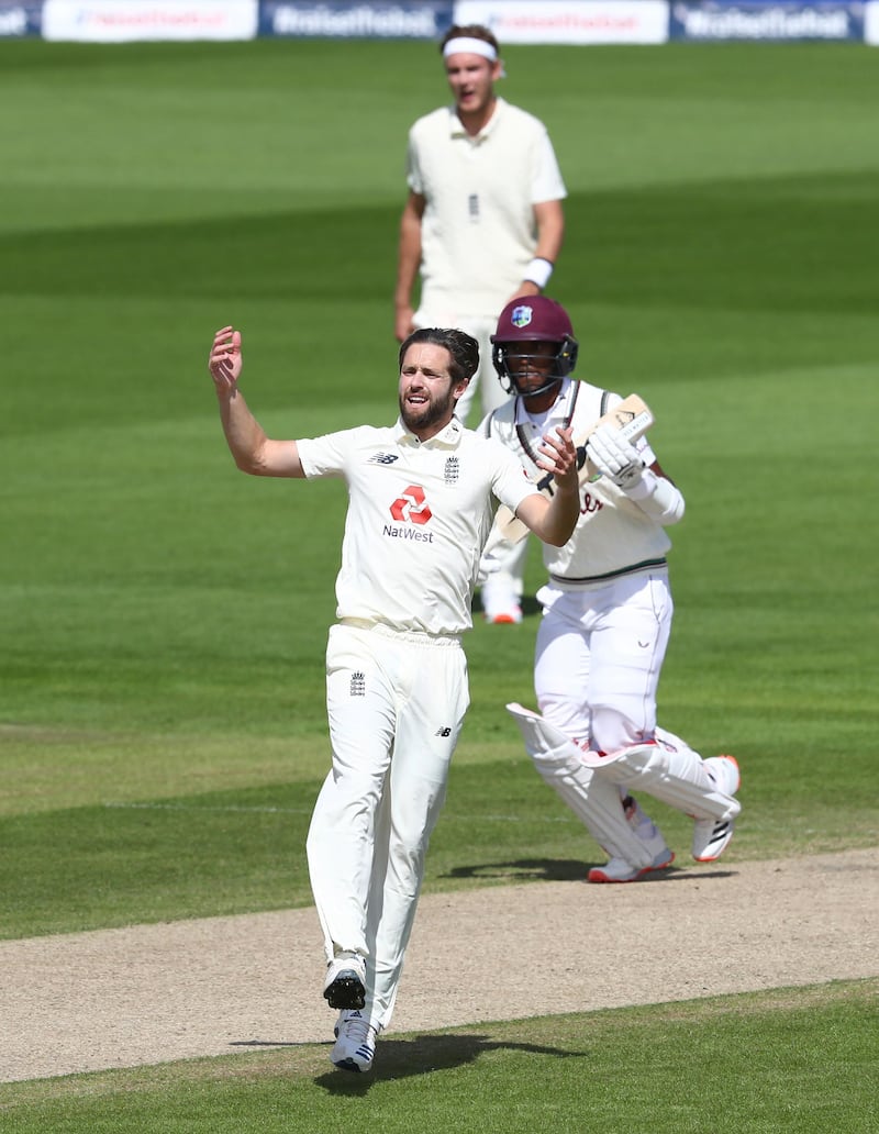 England bowler Chris Woakes after West Indies' Alzarri Joseph is dropped in the slips. AP