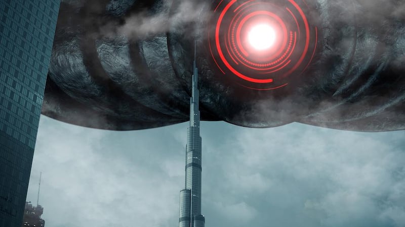 A spaceship hovers over the Burj Khalifa in this scene from the Emirati sci-fi thriller Aerials. Courtesy Nina Sargsyan