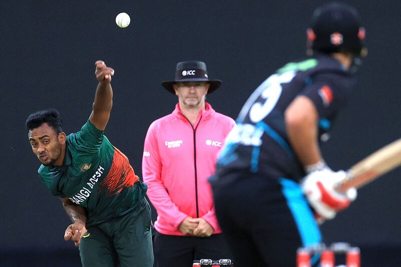 Bangladesh's Shoriful Islam bowls to New Zealand's Daryl Mitchell during the Twenty20 cricket match at McLean Park in Napier. AFP
