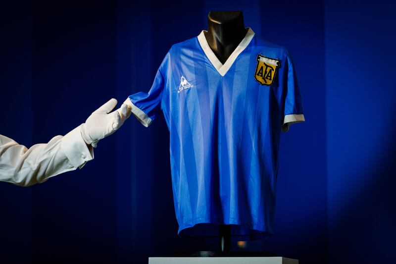 There was some controversy over the authenticity of the Diego Maradona 1986 World Cup match shirt that is up for auction at Sotheby's in London. Getty