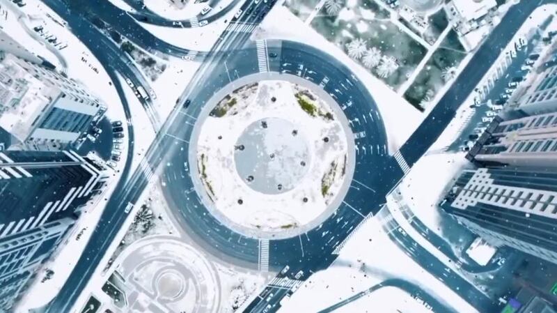 An aerial shot of a snowy roundabout in Abu Dhabi