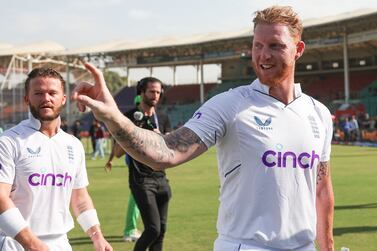 KARACHI, PAKISTAN - DECEMBER 20: Ben Stokes of England celebrates his teams victory during Day Four of the Third Test Match between Pakistan and England at Karachi National Stadium on December 20, 2022 in Karachi, Pakistan. (Photo by Matthew Lewis / Getty Images)