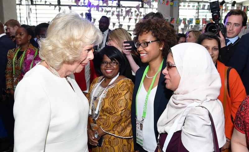 LONDON, ENGLAND - APRIL 17: Camilla, Duchess of Cornwall talks to guests as she attends the Commonwealth Big Lunch at Commonwealth Heads of Government Meeting at the Queen Elizabeth II Conference Centre on April 17, 2018 in London, England. (Photo by John Stillwell - WPA Pool/Getty Images)