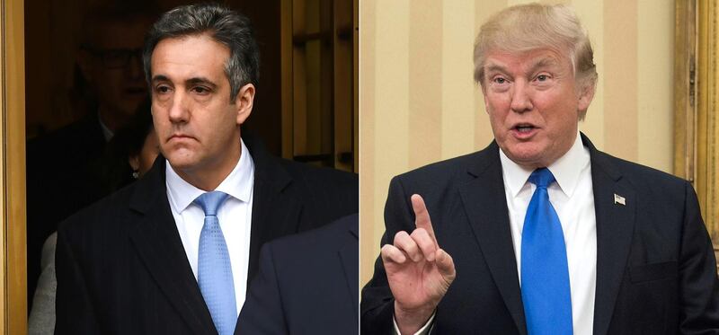 (COMBO) This combination of photos created on December 13, 2018 shows US President Donald Trump’s former attorney Michael Cohen(L) leaving US Federal Court in New York on December 12, 2018 after his sentencing after pleading guilty to tax evasion, making false statements to a financial institution, illegal campaign contributions, and making false statements to Congress, and a file photo taken on February 1, 2017 of US President Donald Trump speaking in the Oval Office at the White House in Washington, DC.
 Donald Trump tried to shield himself from rising legal heat on December 13, 2018 with tweets insisting that he never ordered his former lawyer Michael Cohen to break the law. The US president enters his third year in office facing an increasingly perilous situation as federal prosecutors and the special investigation into alleged collusion with Russia close in on him and his inner circle.But he was as combative as ever on Twitter when he sought to distance himself from his longtime former attorney, saying: "I never directed Michael Cohen to break the law."



 / AFP / TIMOTHY A. CLARY AND NICHOLAS KAMM
