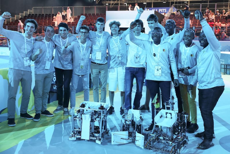 DUBAI , UNITED ARAB EMIRATES , October 26 – 2019 :-  Team member of Italy and Cameroon after their competition score at the First Global Challenge robotics competition held at Festival Arena in Dubai.  ( Pawan Singh / The National ) For News. Story by Patrick