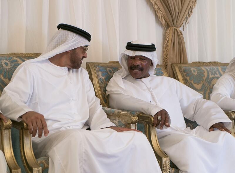 KALBA, SHARJAH, UNITED ARAB EMIRATES - September 14, 2017: HH Sheikh Mohamed bin Zayed Al Nahyan Crown Prince of Abu Dhabi Deputy Supreme Commander of the UAE Armed Forces (L) offers condolences to the family of martyr Nasser Al Mazrouei, who passed away while serving with the UAE Armed Forces in Yemen.
( Omar Al Askar for Crown Prince Court - Abu Dhabi )
---