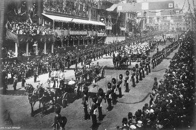 Queen Victoria being driven through central London during her Golden Jubilee celebrations, 1887. Artist Unknown. (Photo by Historica Graphica Collection/Heritage Images/Getty Images)