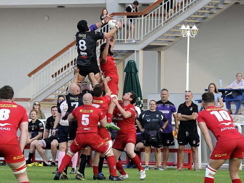 Bahrain, in red, retained their West Asia Premiership title after the coronavirus outbreak brought a premature end to the season. Dubai Exiles, in black, are the UAE Premiershipchampions. Courtesy Dubai Exiles