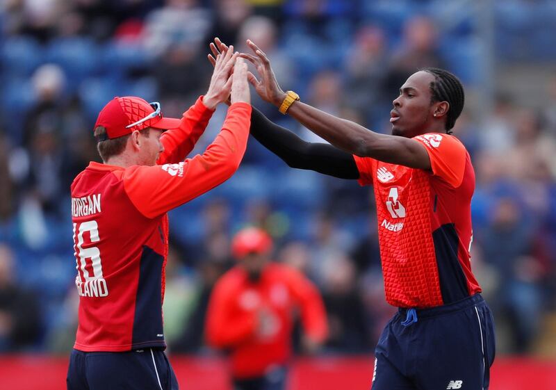 Cricket - International Twenty20 - England v Pakistan - Sophia Gardens, Cardiff, Britain - May 5, 2019  England's Jofra Archer celebrates with Eoin Morgan after running out Pakistan's Babar Azam   Action Images via Reuters/Paul Childs