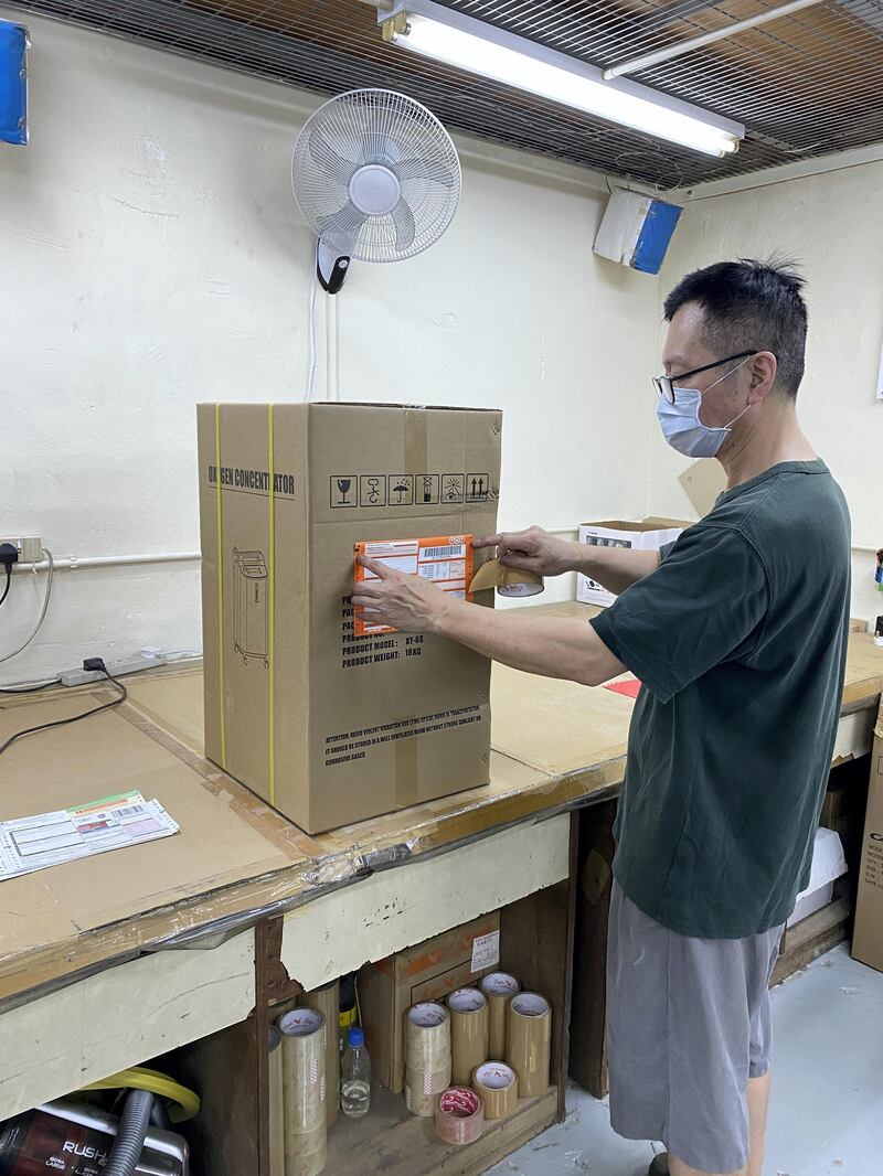 Stocks of oxygen concentrators are being readied for shipment from a warehouse in Hong Kong to homes in India. The life-saving devices are being bought up by Indians to send to family back home as the country struggles to control spiralling Covid-19 deaths. courtesy Jacky’s Electronics