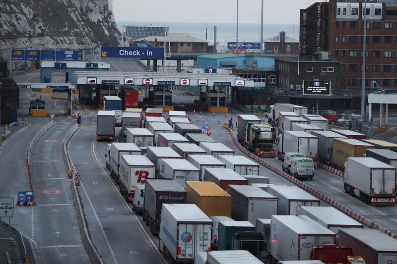 (FILES) In this file photo taken on March 19, 2018 lorries queue up at the port of Dover on the south coast of England. Government failures to prepare for Brexit mean the UK faces "significant disruption" when it is fully free of the European Union on January 1, an official watchdog said Friday, November 6. / AFP / Daniel LEAL-OLIVAS
