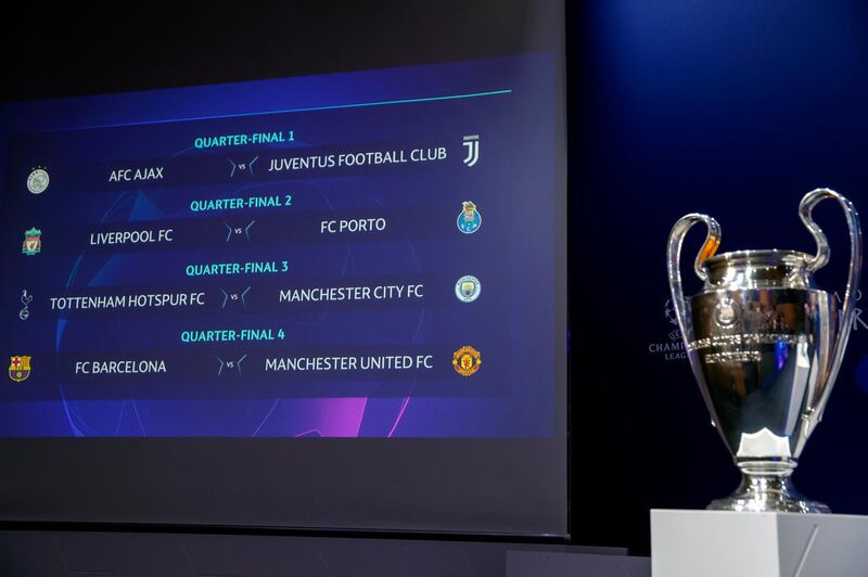 The matches for the Champions League 2018/19 quarter-finals displayed on a screen after the drawing at the UEFA headquarters in Nyon, Switzerland, Friday, March 15, 2019.(Salvatore Di Nolfi/Keystone via AP)